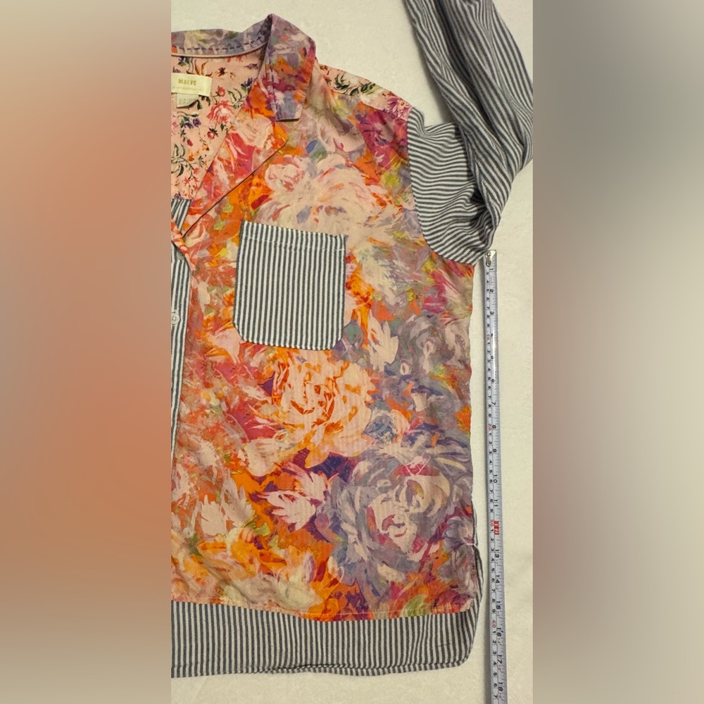 Anthropologie Maeve The Clarissa Floral & Striped High Low Button Up Top Size 14 - Picture 7 of 8